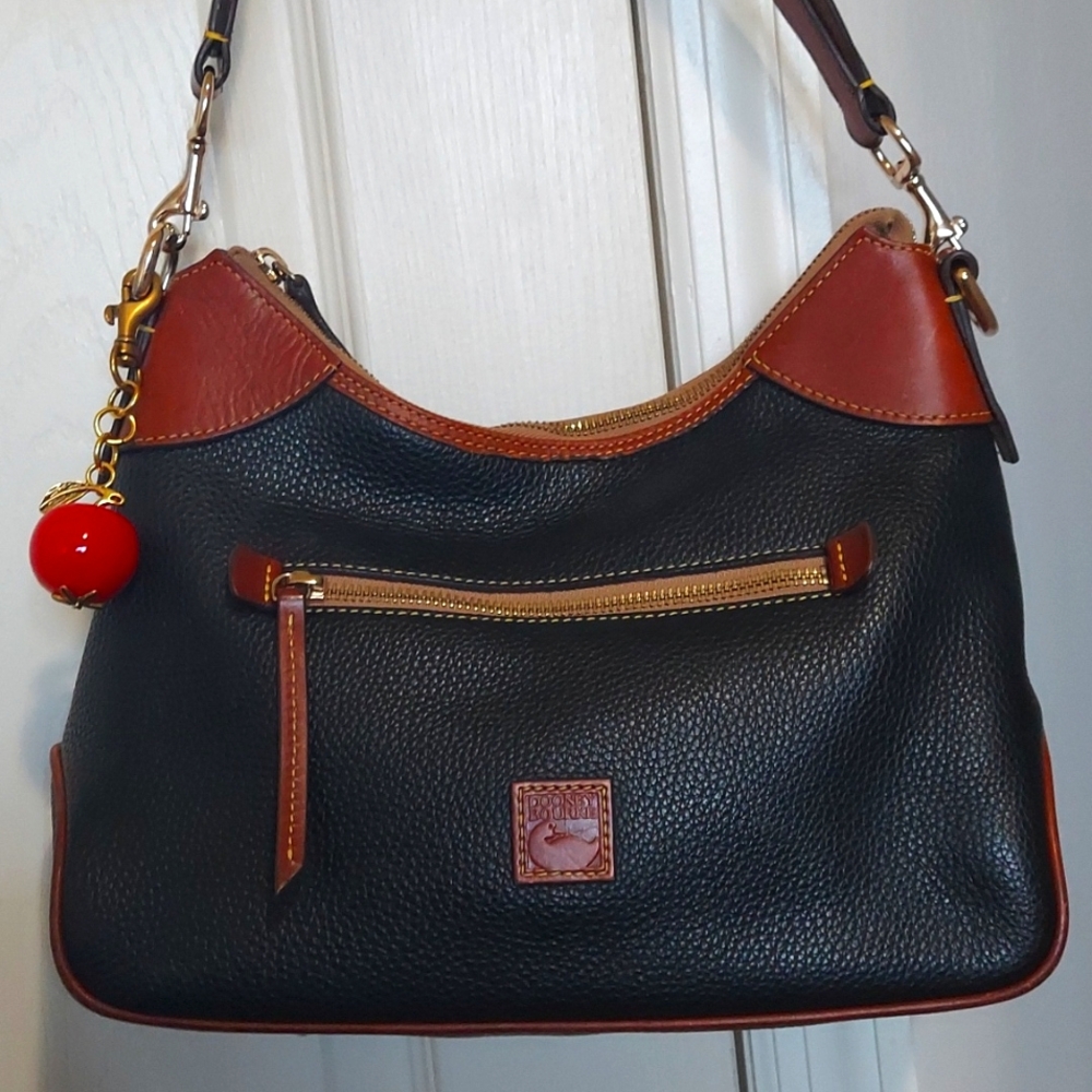 Pre-loved Dooney & Bourke Black and Brown Leather Pebble Grain Hobo Shoulder Bag